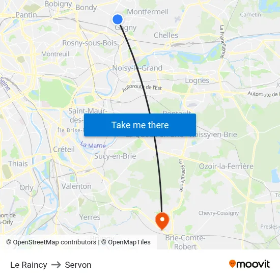 Le Raincy to Servon map