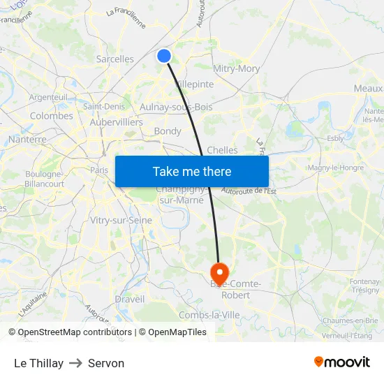 Le Thillay to Servon map