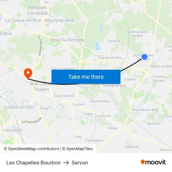 Les Chapelles-Bourbon to Servon map