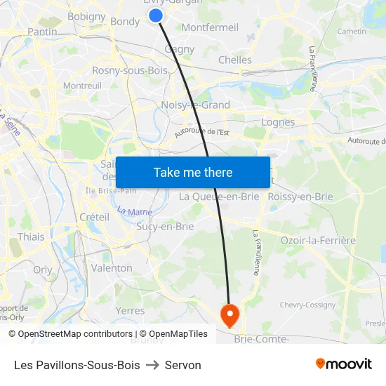 Les Pavillons-Sous-Bois to Servon map