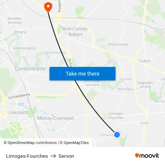 Limoges-Fourches to Servon map