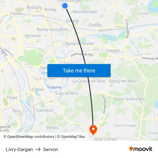 Livry-Gargan to Servon map