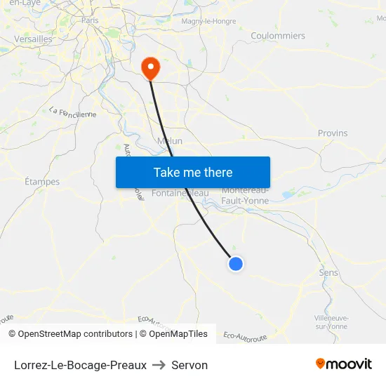 Lorrez-Le-Bocage-Preaux to Servon map