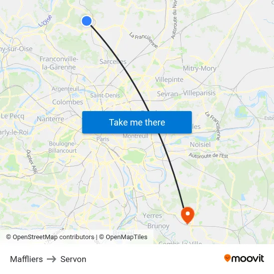 Maffliers to Servon map