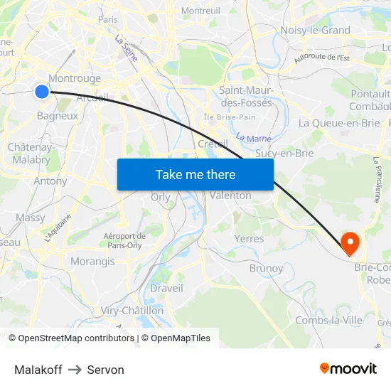 Malakoff to Servon map