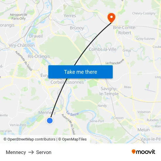 Mennecy to Servon map