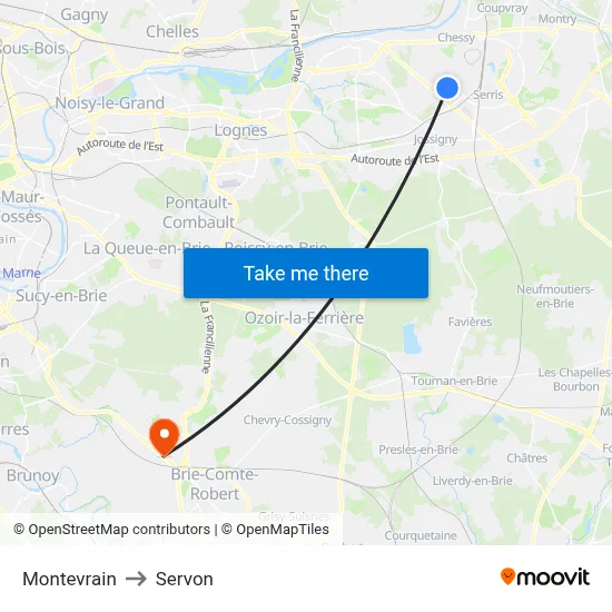 Montevrain to Servon map