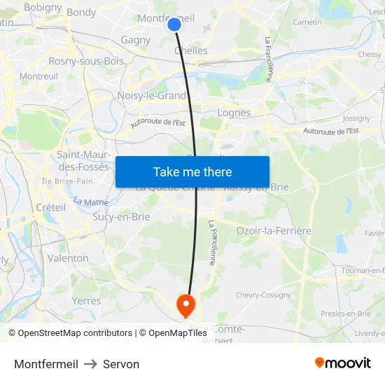 Montfermeil to Servon map