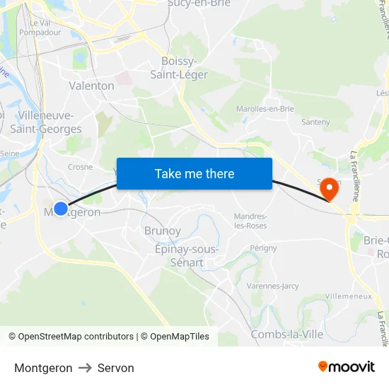 Montgeron to Servon map