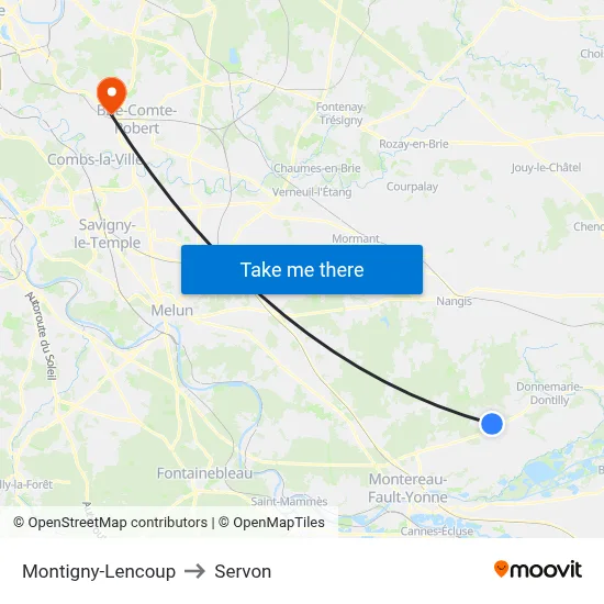 Montigny-Lencoup to Servon map