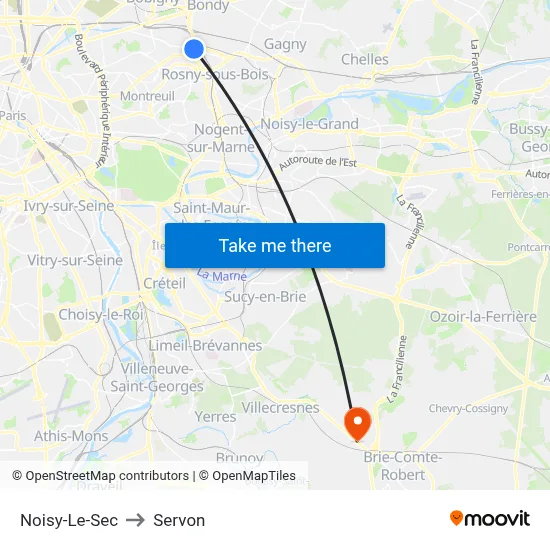 Noisy-Le-Sec to Servon map