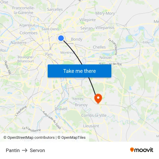 Pantin to Servon map