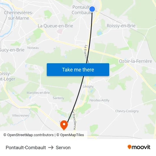 Pontault-Combault to Servon map