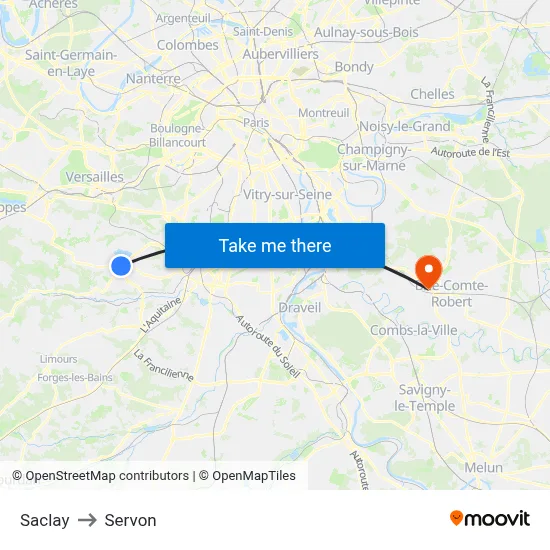 Saclay to Servon map