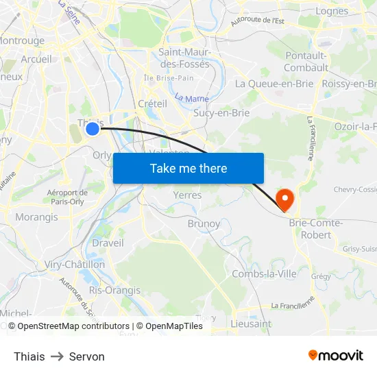 Thiais to Servon map