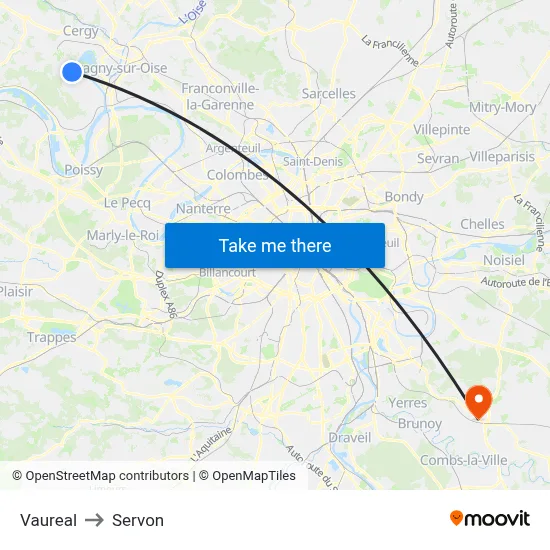 Vaureal to Servon map