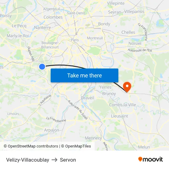 Velizy-Villacoublay to Servon map
