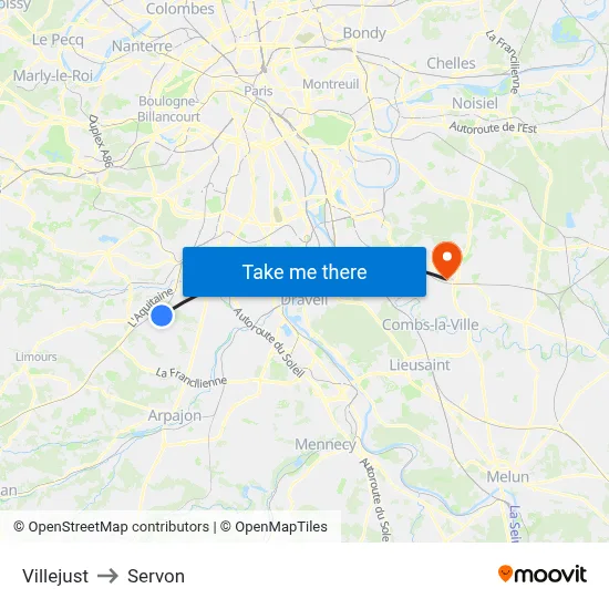 Villejust to Servon map
