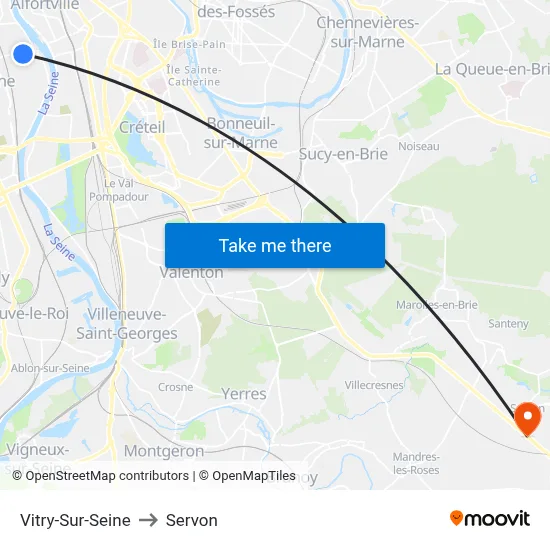 Vitry-Sur-Seine to Servon map