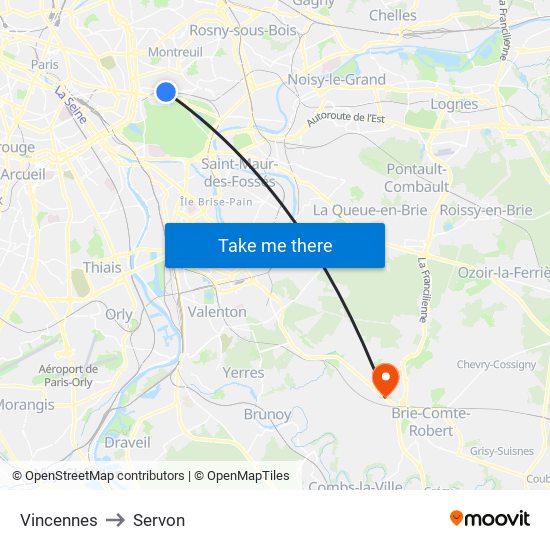 Vincennes to Servon map