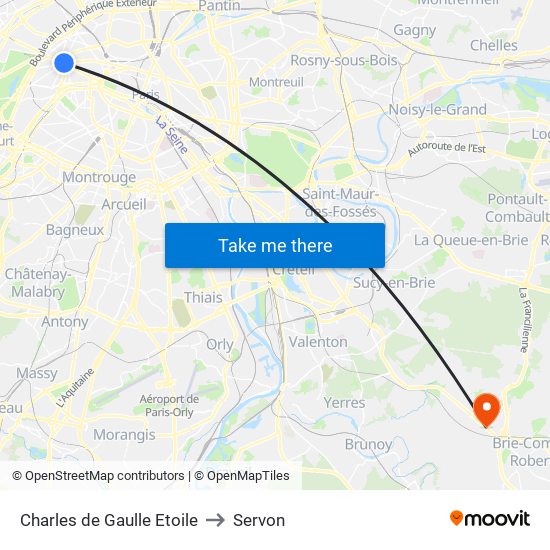 Charles de Gaulle Etoile to Servon map