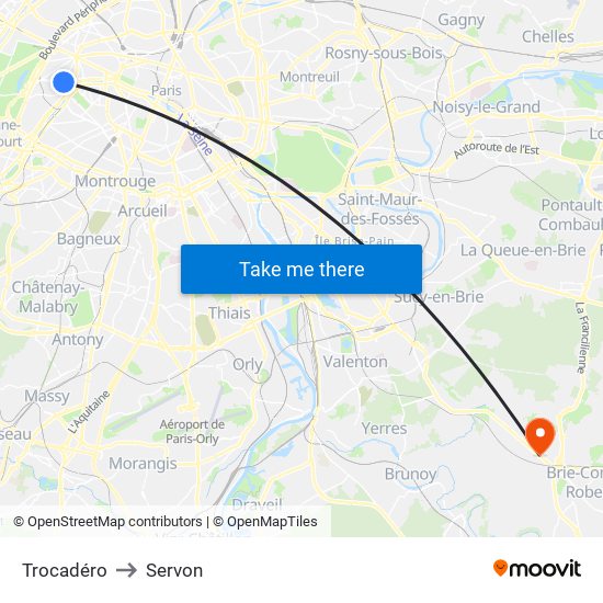 Trocadéro to Servon map