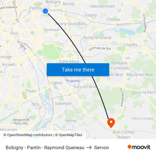 Bobigny - Pantin - Raymond Queneau to Servon map