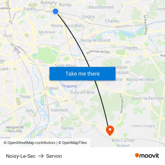 Noisy-Le-Sec to Servon map