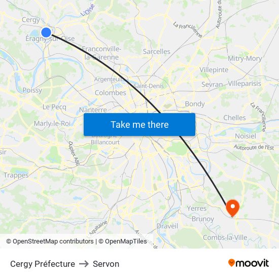 Cergy Préfecture to Servon map