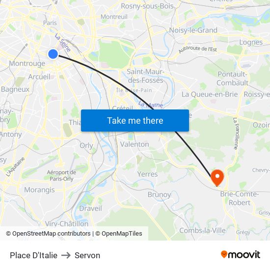 Place D'Italie to Servon map