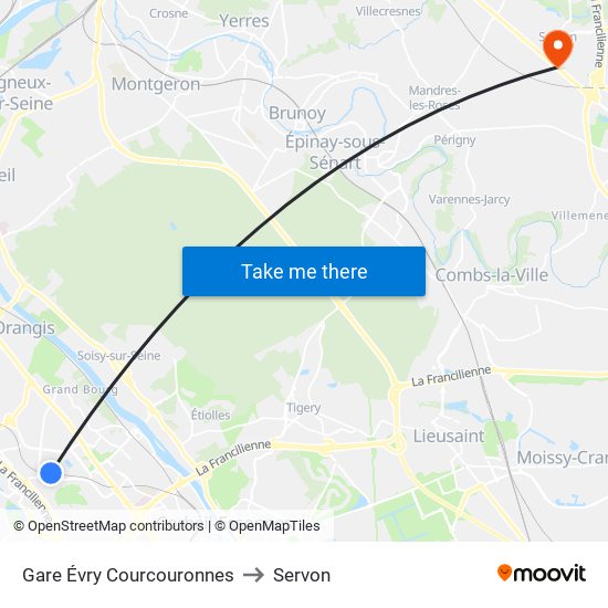 Gare Évry Courcouronnes to Servon map