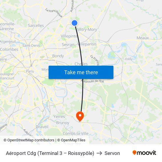 Aéroport Cdg (Terminal 3 – Roissypôle) to Servon map