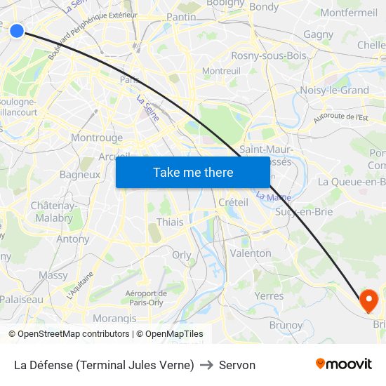 La Défense (Terminal Jules Verne) to Servon map
