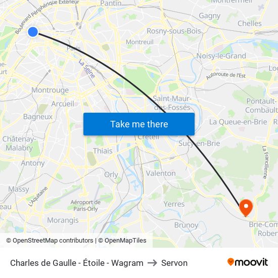 Charles de Gaulle - Étoile - Wagram to Servon map