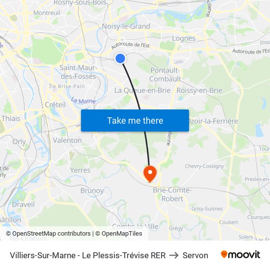 Villiers-Sur-Marne - Le Plessis-Trévise RER to Servon map