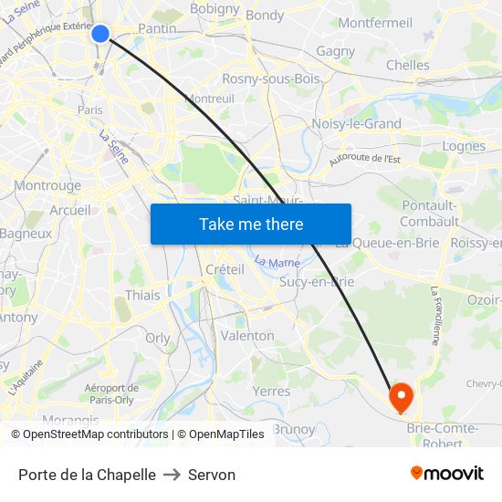 Porte de la Chapelle to Servon map