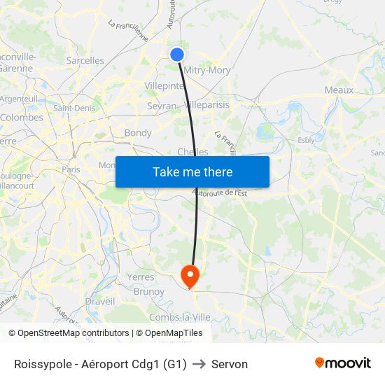 Roissypole - Aéroport Cdg1 (G1) to Servon map