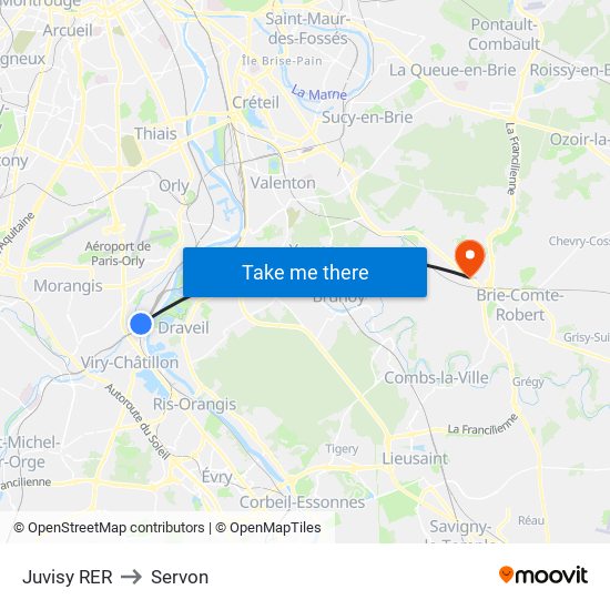 Juvisy RER to Servon map