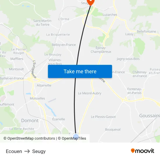Ecouen to Seugy map