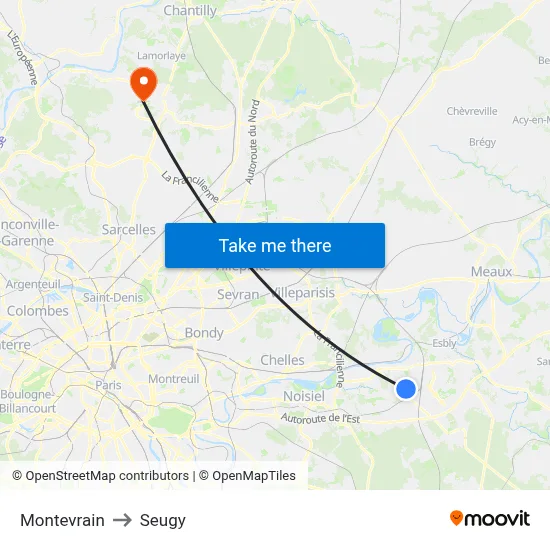 Montevrain to Seugy map