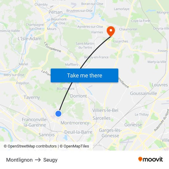 Montlignon to Seugy map