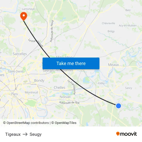 Tigeaux to Seugy map
