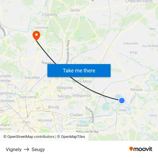 Vignely to Seugy map