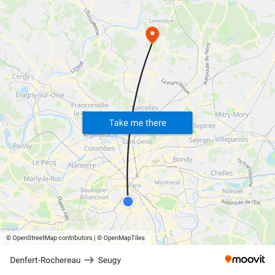 Denfert-Rochereau to Seugy map
