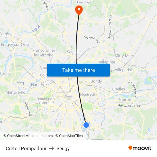 Créteil Pompadour to Seugy map