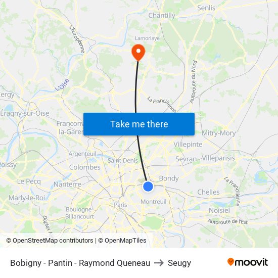 Bobigny - Pantin - Raymond Queneau to Seugy map