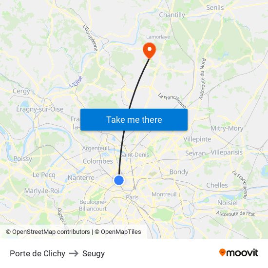 Porte de Clichy to Seugy map