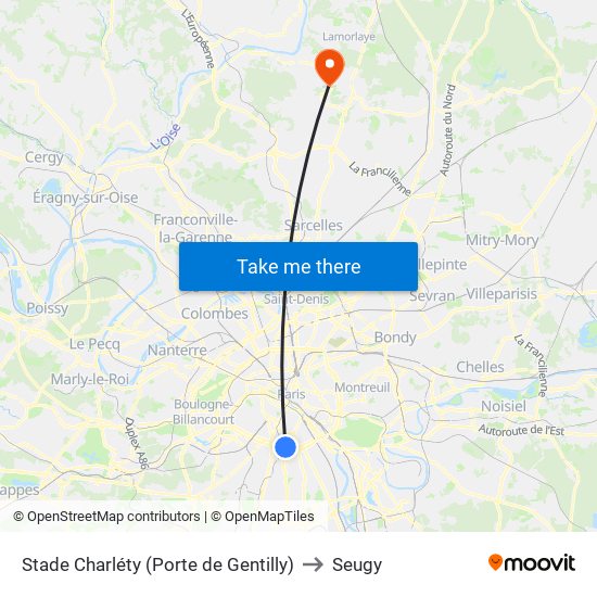 Stade Charléty (Porte de Gentilly) to Seugy map