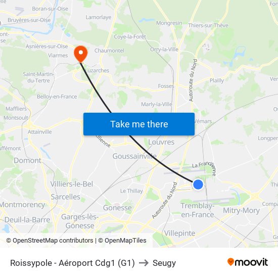 Roissypole - Aéroport Cdg1 (G1) to Seugy map