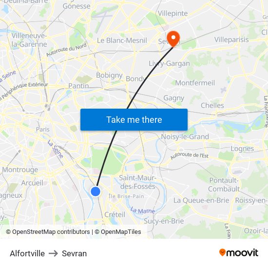 Alfortville to Sevran map